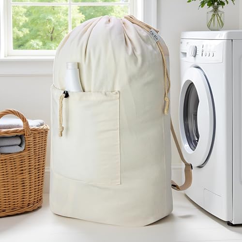 Laundry Backpack Canvas Laundry Bag with Straps Drawstring, Beige, XX-Large - color: Beige, size: XX-Large