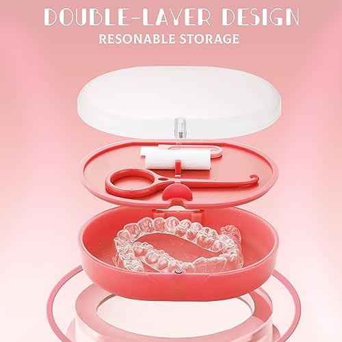 Double Layer Retainer Case Portable Aligner Case for Orthodontics Build In Mirror With Removal Tool,Chewies&Cleaning Brush Kit - color: pink