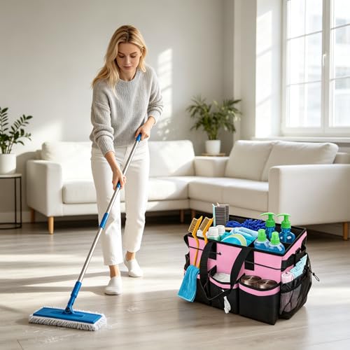 ALSLEA Large Cleaning Caddy Bag - 15" x 10.5" x 9" Heavy-Duty Organizer Tote for Housekeepers, Janitors & Home Cleaning Supplies with Adjustable Shoulder Strap & Multiple Pockets (Pink) - color: Pink