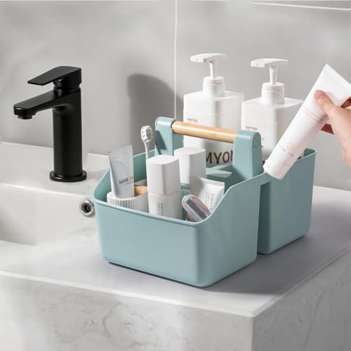rejomiik Plastic Shower Caddy, Portable Basket with Bamboo Handle, Blue - color: Blue