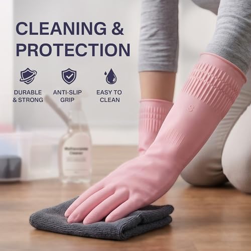 Rubber Dishwashing Gloves, Reusable Cleaning Dish Gloves for Kitchen, Long Cuff for Washing Dishes - color: Pink (2 Pairs), size: Large