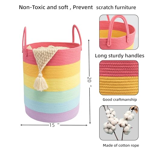 Woven Cotton Rope Laundry Basket, 15" x 20" Laundry Hamper, Rainbow - color: rainbow, size: Regular