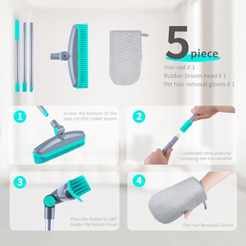 180°Rotating Head Rubber Broom with Squeegee for Pet Hair Removal - 51" Iron Handle Fur Remover Rake Brush for Carpet, Hardwood & Tile Floors, Includes Pet Hair Removal Gloves (Blue) - color: Blue