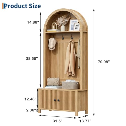 Hall Tree with Bench and Shoe Storage, Entryway Storage Bench with Coat Rack, 70.08" Tall Mudroom Rack with 4 Double Hooks and and 2 Fluted Doors, hall tree with storage for Hallway, Natural - color: Natural Oak