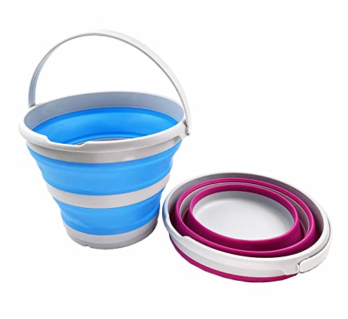 SAMMART 10L (2.6 Gallon) Collapsible Plastic Bucket - Foldable Round Tub - Portable Fishing Water Pail - Space Saving Outdoor Waterpot, Size 33cm Dia (Sky Blue + Flamingo (Set of 2)) - color: Sky Blue + Flamingo (Set of 2)