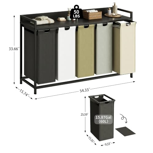 Herture Laundry Hamper with Shelf, Laundry Basket 5 Section, Laundry Sorter with Pull-Out Removable Large 5 Color Bags and Movable Wheels, Metal Frame, 5 x 15.87 Gallons (60L), Black PF08XLK - color: Black + 5-Color, size: 5 Bags-300 L