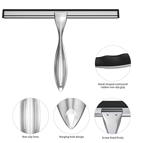 Shower Squeegee Set, 10-Inch Stainless Steel Squeegee for Bathroom, Shower Doors, Mirrors, Tiles, and Car Windows - 100% Streak Free, Includes Shower Door Hook, Adhesive Hook and Spare Silicone Blade - color: Silver, size: 10-inch