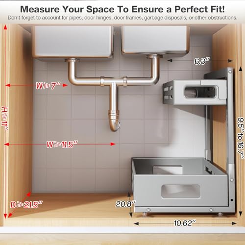 2 Pack 21IN-Depth Under Sink Organizer,Pull Out Cabinet Organizer With Smooth Cylindrical Rail,Metal Slide Out Drawer for Kitchen Bathroom Laundry,8-Level Tool Free Height Adjustable-Gun Gray - color: Gun Gray, size: 2 Pack-21"Dx9.5"-16.7"H