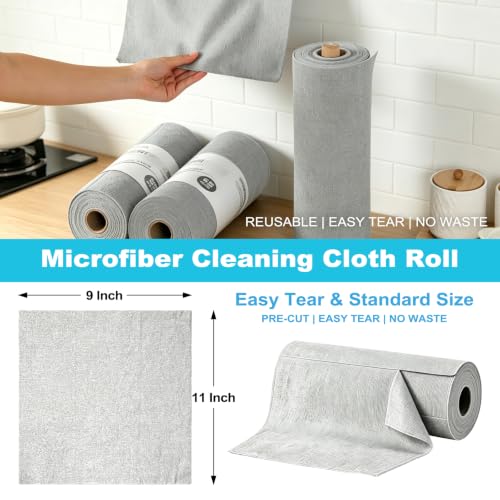 Puomue 55 Pack Microfiber Cleaning Cloth Roll, Tear Away Reusable Paper Towels, 11" x 9", Ultra Absorbent & Lint Free Microfiber Cloth for Cleaning Cars, Kitchen, Window, Home and Shop, Grey - color: Grey, size: 9”x11”-55PK