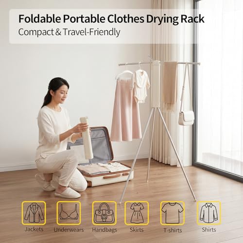 BIREN Foldable Clothes Drying Rack Tripod Clothes Rack Heavy Duty Clothing Racks Laundry Rack Drying for Travel, Camping, Hotel, Apartment, 3 Poles - size: 3 poles