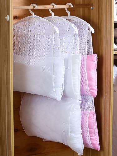 Pillows Drying Rack, Folded Double Layer Mesh Net Bags for Rectangle Square Pillow Cushion Clothes Shoes, Heavy-Duty Hanger Organizer for Outdoor Indoor Dryer, White