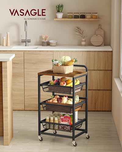 VASAGLE 4-Tier Storage Rolling Cart Organizer with Pull-Out Baskets - color: Rustic Brown + Ink Black, size: 4 Tiers