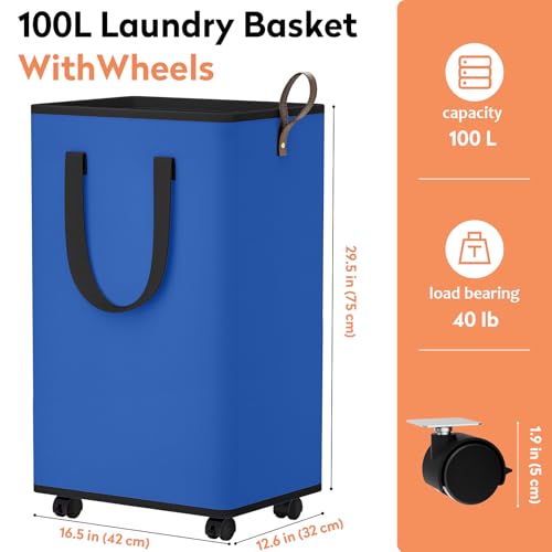 SpaceTrove Rolling Laundry Basket with Wheels, Laundry Hamper, 100L, Blue - color: Blue, size: 100L