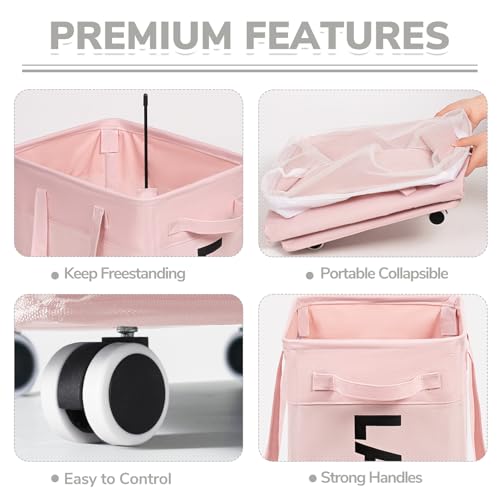CHICVITA 75L Rolling Laundry Basket with Wheels Removable Wash Bag, Pink - color: Pink, size: 75L (15.7"L x 11.8"W x 24.8"H)