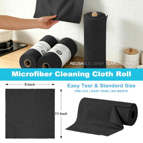 Puomue 55 Pack Microfiber Cleaning Cloth Roll, Tear Away Reusable Paper Towels, 11" x 9", Ultra Absorbent & Lint Free Microfiber Cloth for Cleaning Cars, Kitchen, Window, Home and Shop, Black - color: Black, size: 9”x11”-55PK