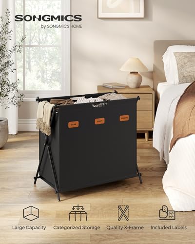 SONGMICS Laundry Hamper, 35.6 Gal. 3 Sections, Collapsible X-Frame - color: Ink Black, size: 135 L