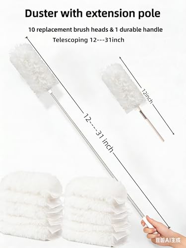 Heavy Duty Duster Refills, Disposable Dusters Kit for Cleaning Dusting Furniture Blind Ceiling Fan, Multi Surface 360 Feather Duster(10)+3FT Extended Handle(1) (White) - color: White