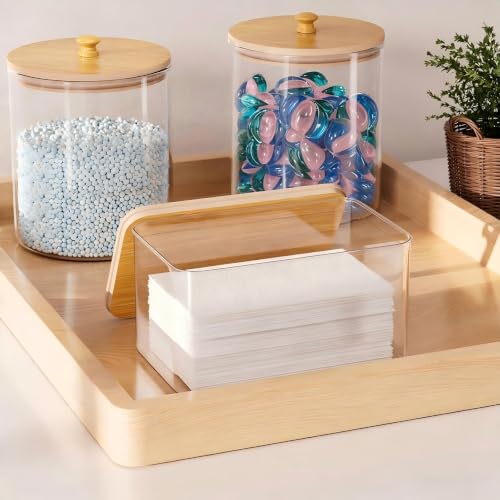 HomePekite Glass Laundry Pods Storage Container & Acrylic Dryer Sheet Holder, Laundry Room Organization and Storage, Detergent Powder Container, with Wooden Lids & Labels, 2+1 Pack - color: Bamboo