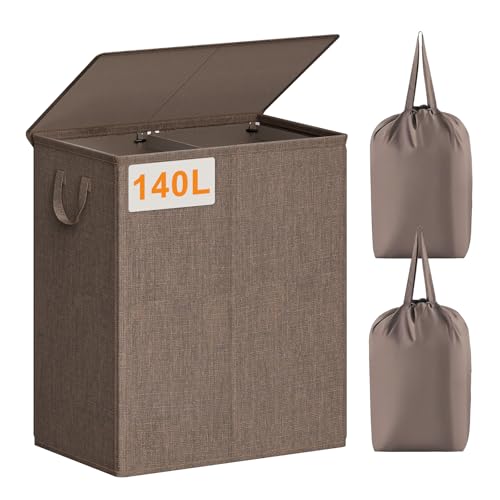 Chrislley Double Laundry Hamper with Lid, 140L Laundry Basket 2 Section - color: Brown, size: 140l(24.0"l X 14.2"w X 25.2"h)