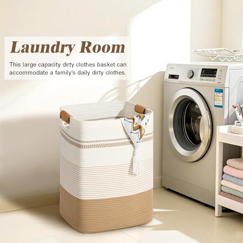 Laundry Hamper, 75L Tall Laundry Basket with Leather Handles, Rectangle Large Clothes Hamper for Organizing, Cotton Woven Laundry Baskets Storage Hampers for Bedroom, Nursery, Living Room - color: Jute & White, size: 75L