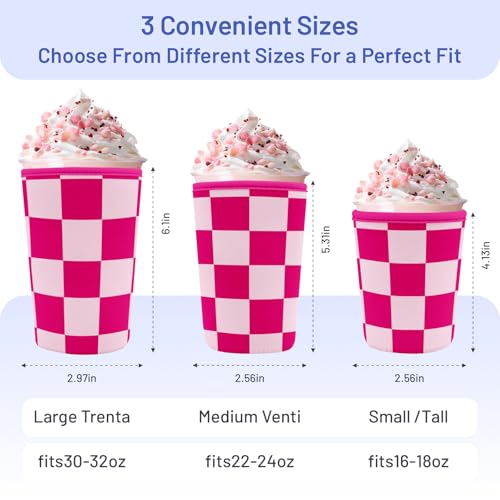 Iced Coffee Sleeve Reusable Neoprene Cup Sleeves, Pink Checkered - color: Pink Checkered