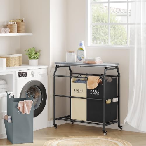 Hoctieon 3 Section Laundry Sorter with Iorning Board, Hamper with Wheels - color: Black+gray+beige