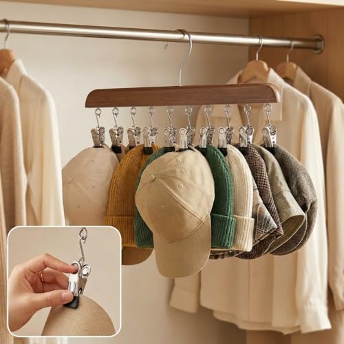 Closet Organizer with 10 Clips, 2PCS Space Saving Hanging Closet Organizer, Space-Saving Hat Scarf Clothespins for Jeans Skirts Socks Leggings Wooden Pant Hangers with Clips(Wood) - color: 2pc-light Wood