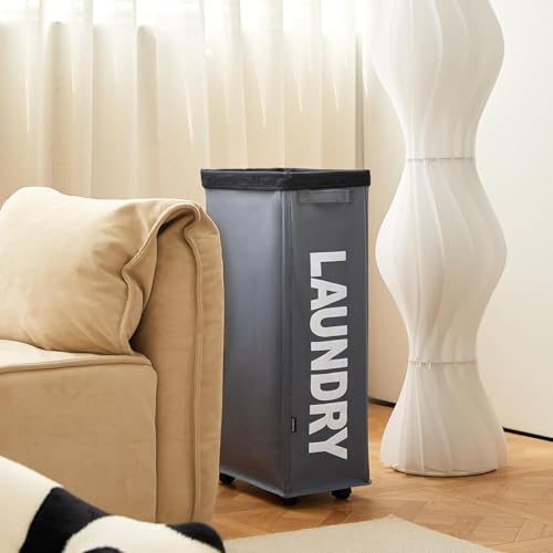 per with HandleSlim Laundry Basket on Wheels, Foldable Narrow Corner Clothes Storage Bins,Tall Laundry Bin for Laundry Room, Dorm and Bedroom,(Dark Grey)