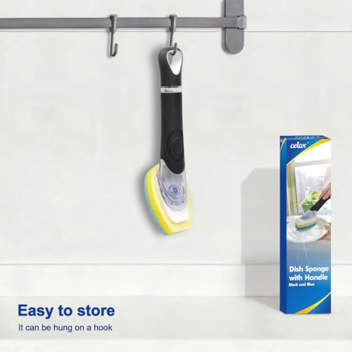 CELOX Dish Sponge with Handle, Soap Dispensing Dish Sponge - color: Dark Black Handle , Blue Sponge Head