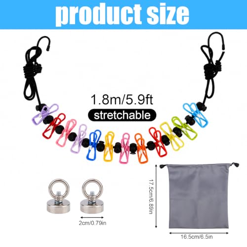 Travel Clothesline for Cruise Ship, Stretchable Clothes Line with 2 Magnetic Hooks & 12 Clothes Clips & Storage Bag Portable Laundry Line for Hotel Camping RV Outdoor Indoor Laundry Drying