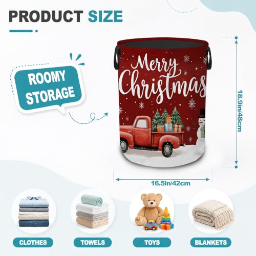 Merry Christmas Truck Dirty Clothes Hamper,Foldable Laundry Basket with Handles,Snowman Red Waterproof Oxford Cloth Storage Bin for Bedroom Bathroom Nursery,16 x 20 Inch - color: Merry Christmas Truck,Snowman Red