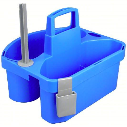 Blue Polypropylene Janitorial Cleaning Caddy with Paper Towel Holder, 15" L x 14" W x 14" H Fits Many Size Trash Garbage Bins, Includes Compartments For Clothes, Sponges, and Other Cleaning Supplies