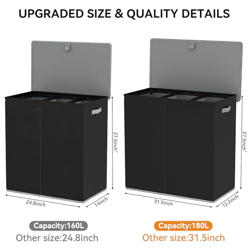 WOWLIVE Laundry Hamper with Lid, 180L Large Laundry Basket 3 Section - color: Black, size: 180l (31.5x 12.2 X 27.5 Inches)
