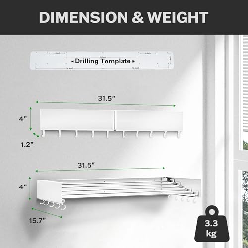 Foldable Wall Mounted Drying Rack - 31.5” Wide, 13.2 Ft Drying Space, 5 Aluminum Rods, Supports Up to 60 lbs - Retractable & Foldable Space-Saving Wall Mounted Clothes Drying Rack (White) - color: White