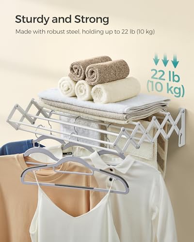SONGMICS Clothes Drying Rack, Wall-Mounted, 9 Staggered Hanging Rods - color: Cloud White