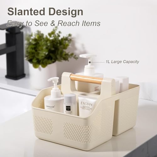 Plastic Shower Caddy Portable Shower Basket with Bamboo Handle, Cream - color: Cream