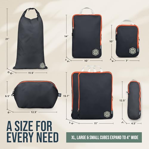 TRIPPED Travel Gear Large Compression Packing Cubes 7-Piece Set for Travel - color: Grey/Orange