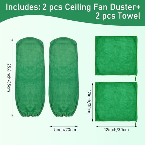 4 PCS Ceiling Fan Duster Kits,100% Microfibre Fan Blade Cleaner for high Ceiling Fan Blades.Machine Washable and Reusable,Includes 2 Ceiling Fan dusters and 2 Microfibre Towels - color: Green