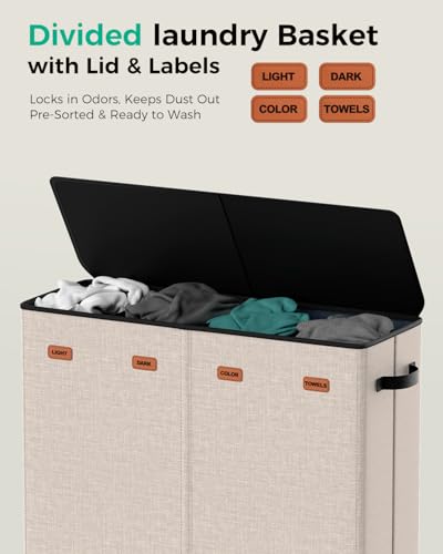 185L Laundry Hamper 4 Section with Lid & Removable Bags - color: Beige, size: 185L - 4 Section