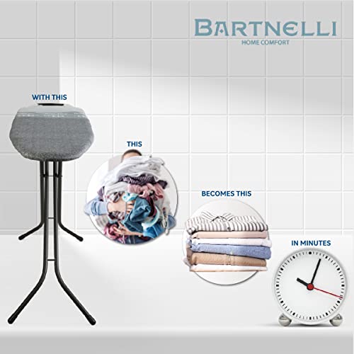 Bartnelli by Rorets Classic Ironing Board with New Patent EZ-Glide Technology, Made in Europe, Premium Iron Board with Iron Rest, 4 Layer Cover, 13x43 Surface, Height Adjustable to 36", 4 Steel Legs - color: Black/Black