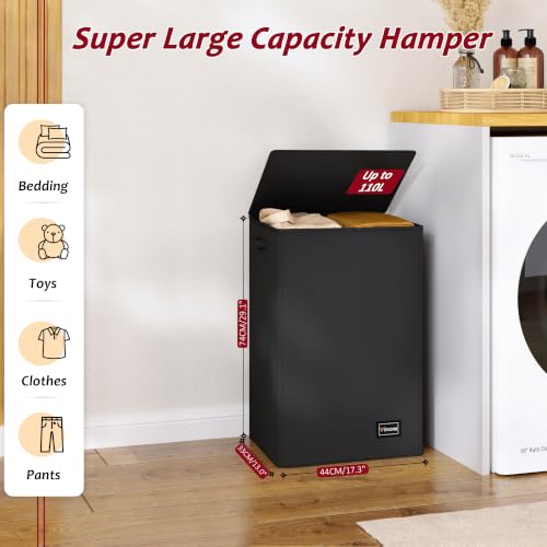 110L Laundry Hamper with Lid, Reinforced Sturdy Large Laundry Hamper with Handle and Lid, Collapsible Clothes Basket Organizer with Removable Liner Bag, Tall Dirty Clothes Bin for Dorm Bedroom - color: Black, size: 110L