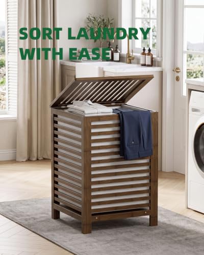 SMIBUY Double Laundry Hamper with Lid, 120L Bamboo Laundry Basket with Removable Liner Bag, 2-Section Clothes Divider Laundry Sorter for Laundry Room, Bathroom, Bedroom (Walnut) - color: Walnut