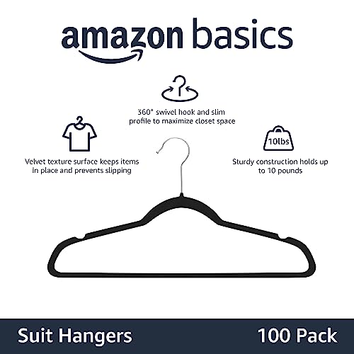 Amazon Basics Slim Velvet Non-Slip Space Saving Suit Clothes Hangers, Closet Organizer, Black/Silver, 100-Pack - color: Black, size: Pack of 100