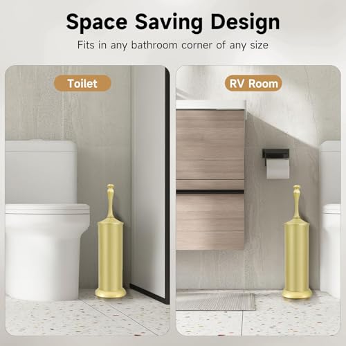 Gold Toilet Brush and Holder,Extra Long Handled Toilet Brush for Bathroom,Stainless Steel Heavy Duty Toilet Bowl Brush,Deep Cleaning Modern Toilet Cleaner Brush -Space Saving, Covered Brush, Durable - color: Gold