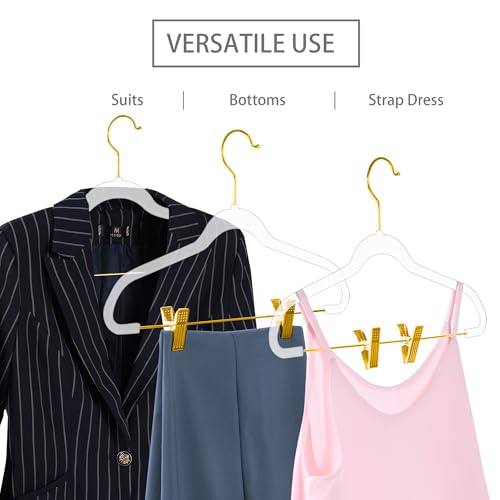 MIZGI Slim Clear Gold Pants & Skirt Hangers (20 Pack) – Adjustable Clips & Hooks, Transparent Non-Felt, Space-Saving for Dresses, Shirts, Blouses - color: Clear/Gold, size: 20-Pack