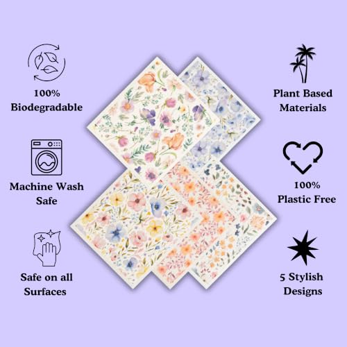 Palm & Peace Swedish Dishcloths for Kitchen - 5 Pack - Reusable Paper Towels - Super Absorbent, Non-Scratch, Washable, Sustainable, 100% Compostable Cleaning Cloths (Wildflowers) - color: Wildflowers