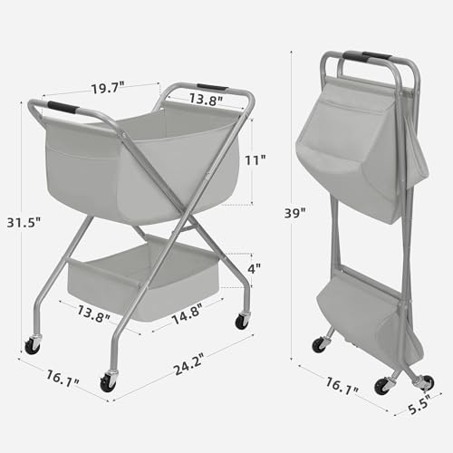STORAGE MANIAC Collapsible Laundry Cart with Wheels 31.5"H Rolling Laundry Hamper Clothes Basket with Wheels, Canvas Liner Sturdy Steel Frame Folding for Small Narrow Space Easy Storage, Grey - color: Grey, size: 31.5"H with Handle