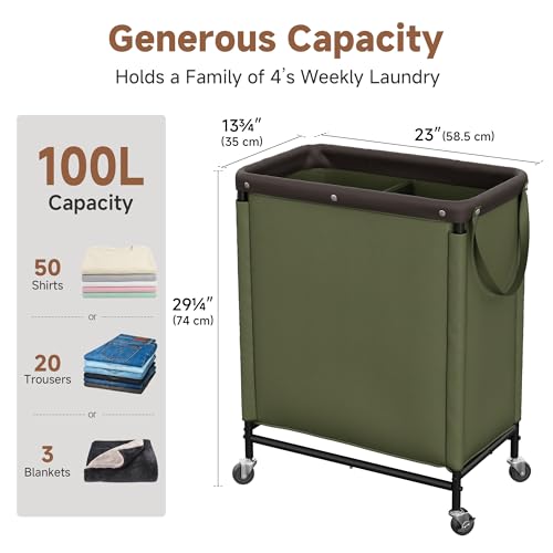 StorageWorks 2 Section Laundry Hamper, 100L Green Sorter Cart with Wheels - color: Green, size: 100L(2-Section)