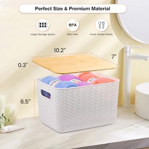 Ohmlove 4 Pack Storage Bins with Bamboo Lids,Stackable Box for Organization - color: White