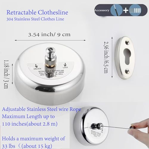 Clothes Line Retractable Clothesline of 304 Stainless Steel with Heavy Duty Adjustable Stainless Steel Wire Rope Retracting Clothes line Polished Chrome Finished - size: 2.8 m Retractable Clothesline